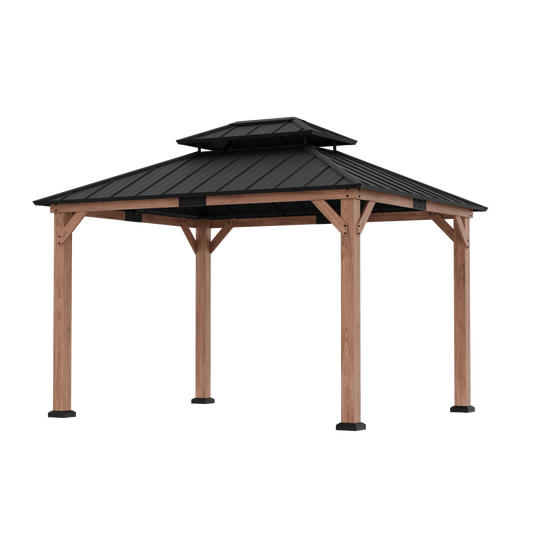 A wooden outdoor gazebo with a double-tiered black metal roof, shown on a plain white background.