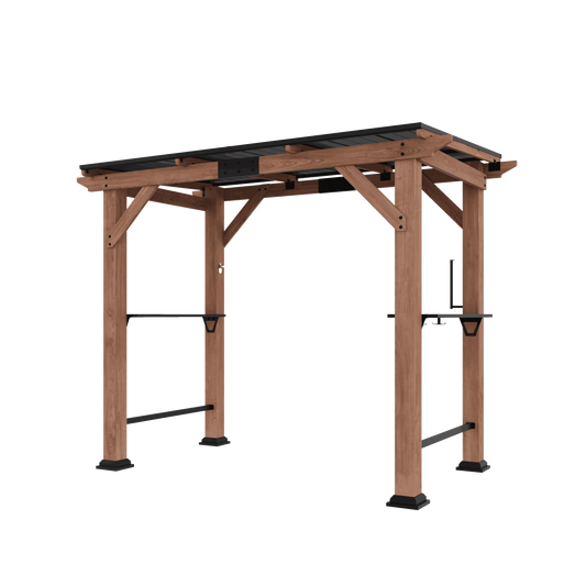A wooden pergola structure with a black roof and black metal hardware, shown on a plain white background.