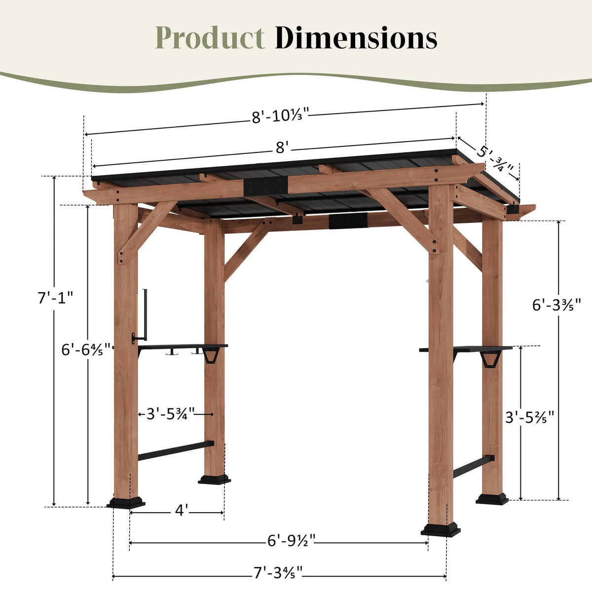 Product dimension diagram of a wooden gazebo showing roof length, depth, and height
