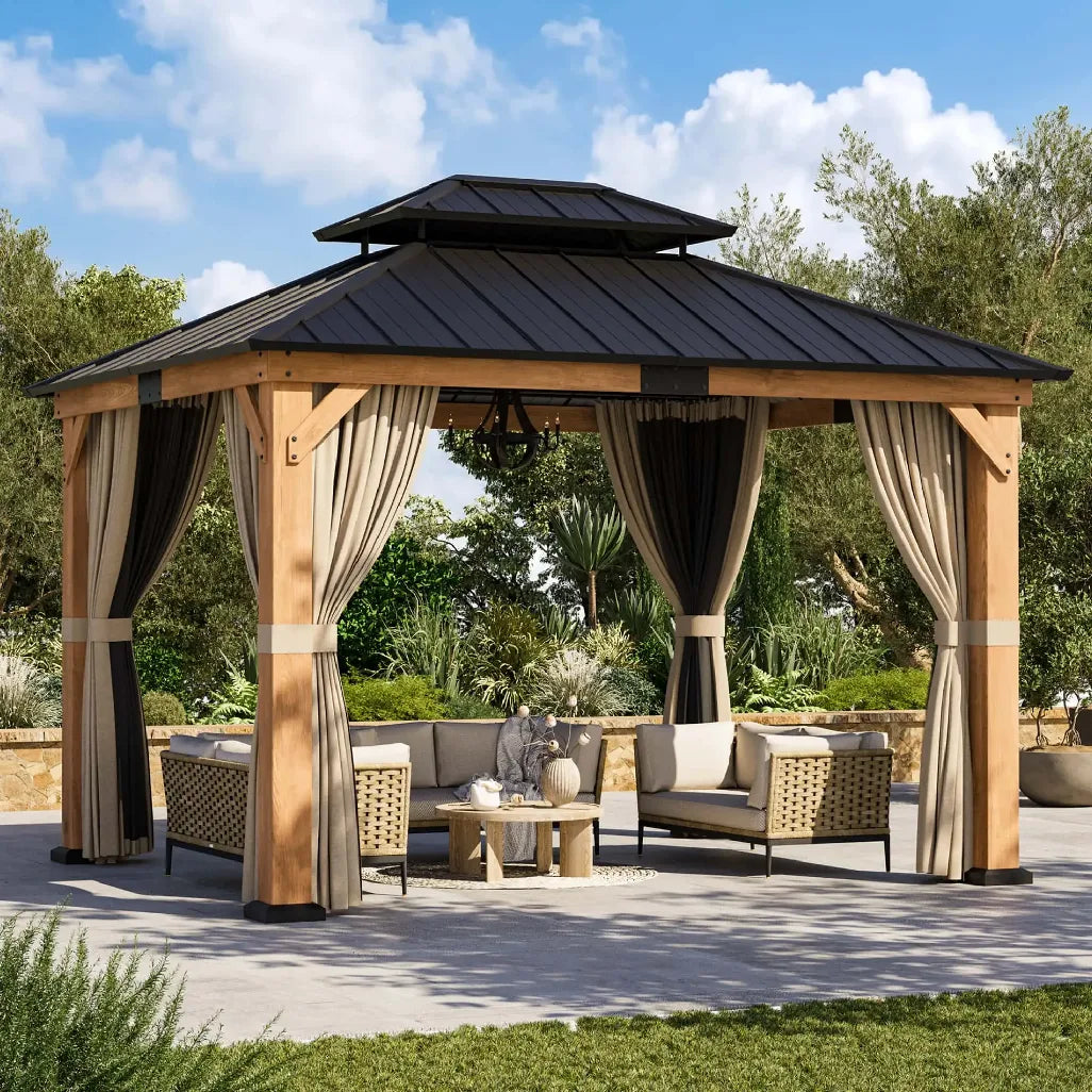 10x12 cedar wood hardtop gazebo with cream privacy curtains and wicker patio furniture in a backyard