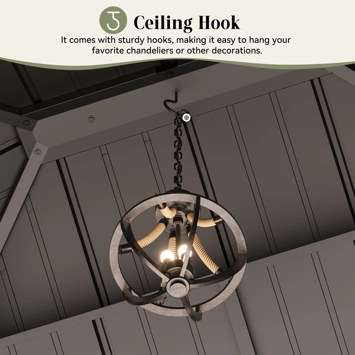 Chandelier hanging from the integrated ceiling hook inside a 10x12 cedar hardtop gazebo
