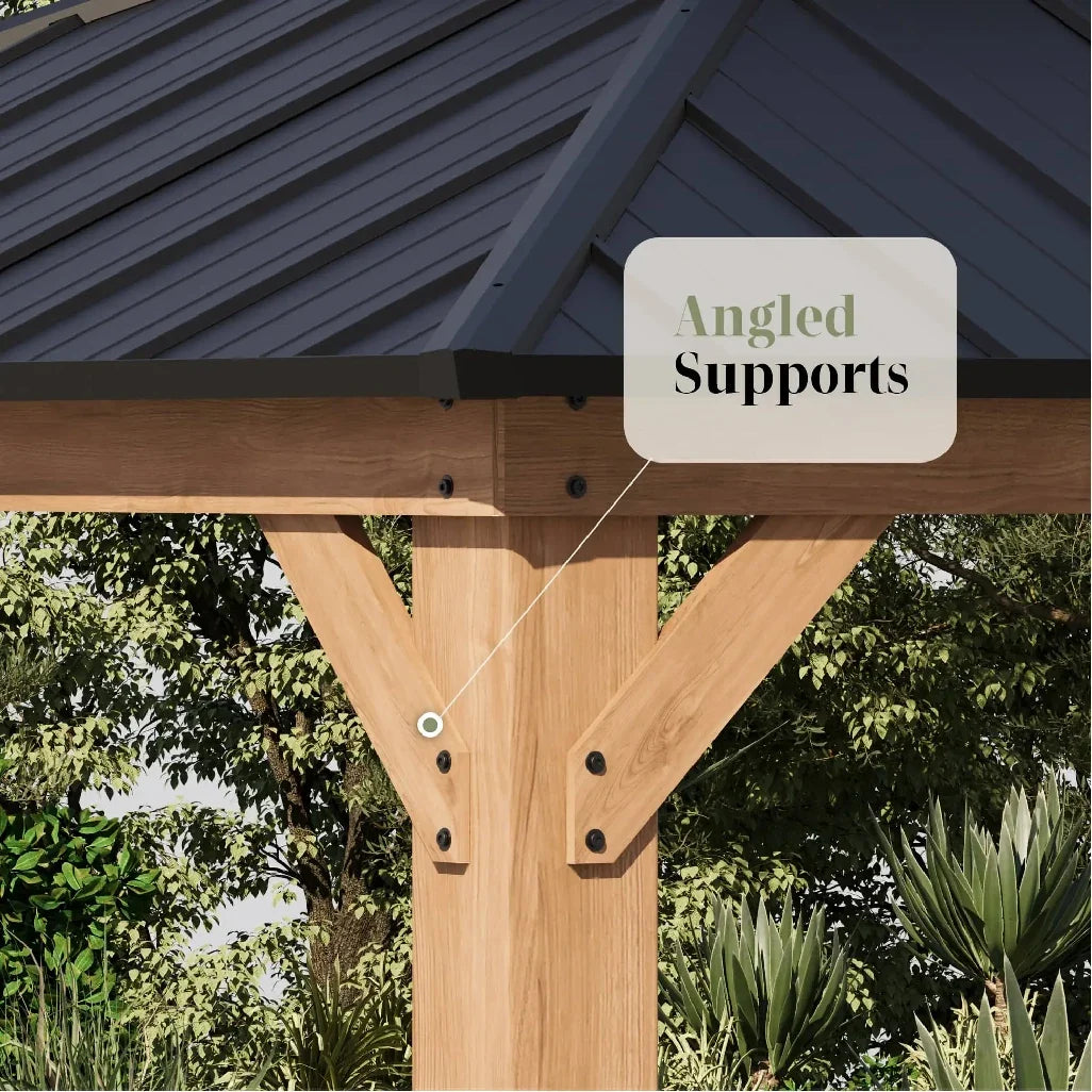 Angled cedar roof support and galvanized steel bracket reinforcing a hardtop gazebo post