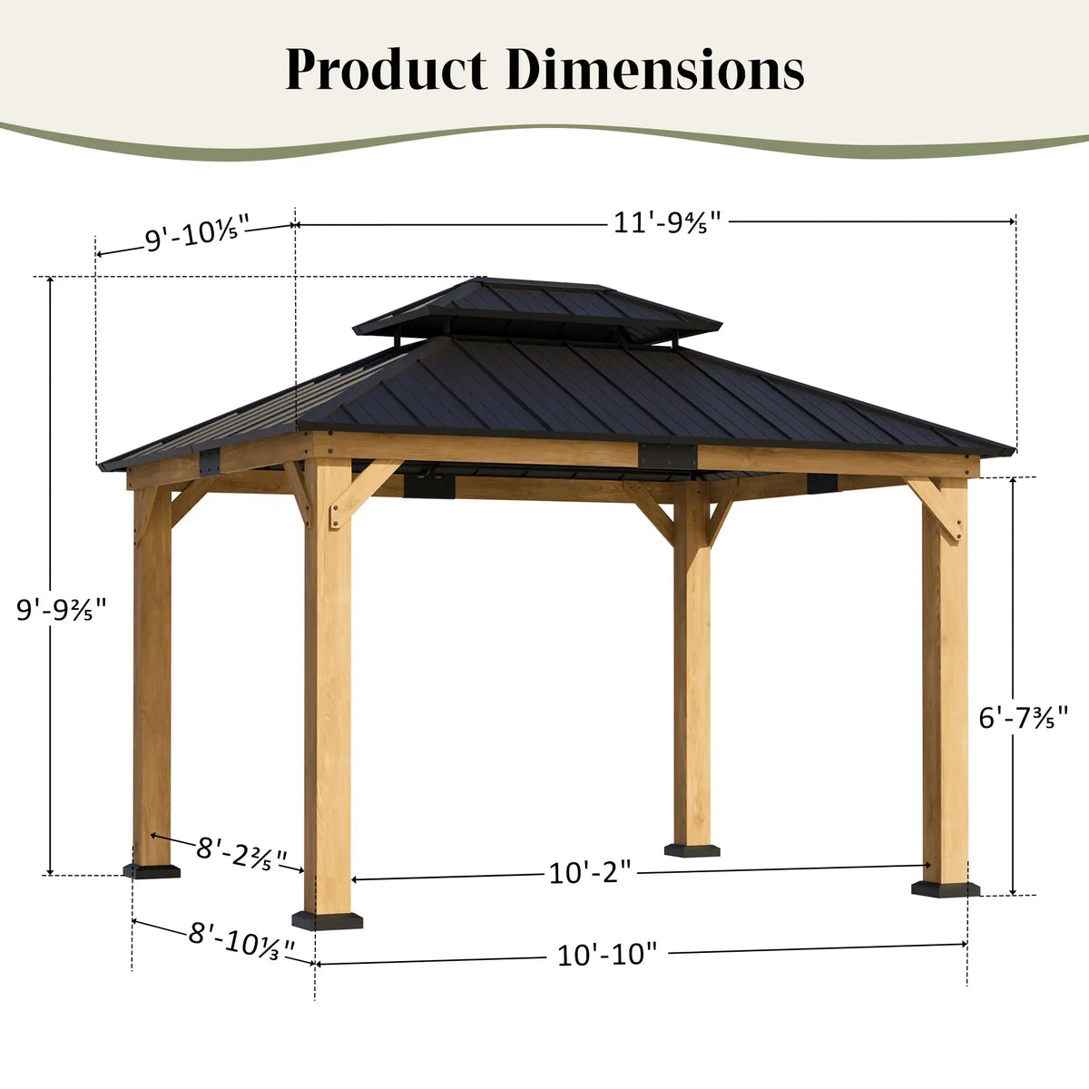 10x12 cedar hardtop gazebo dimensions diagram showing the 11 ft 9 in roof span and 6 ft 7 in clearance