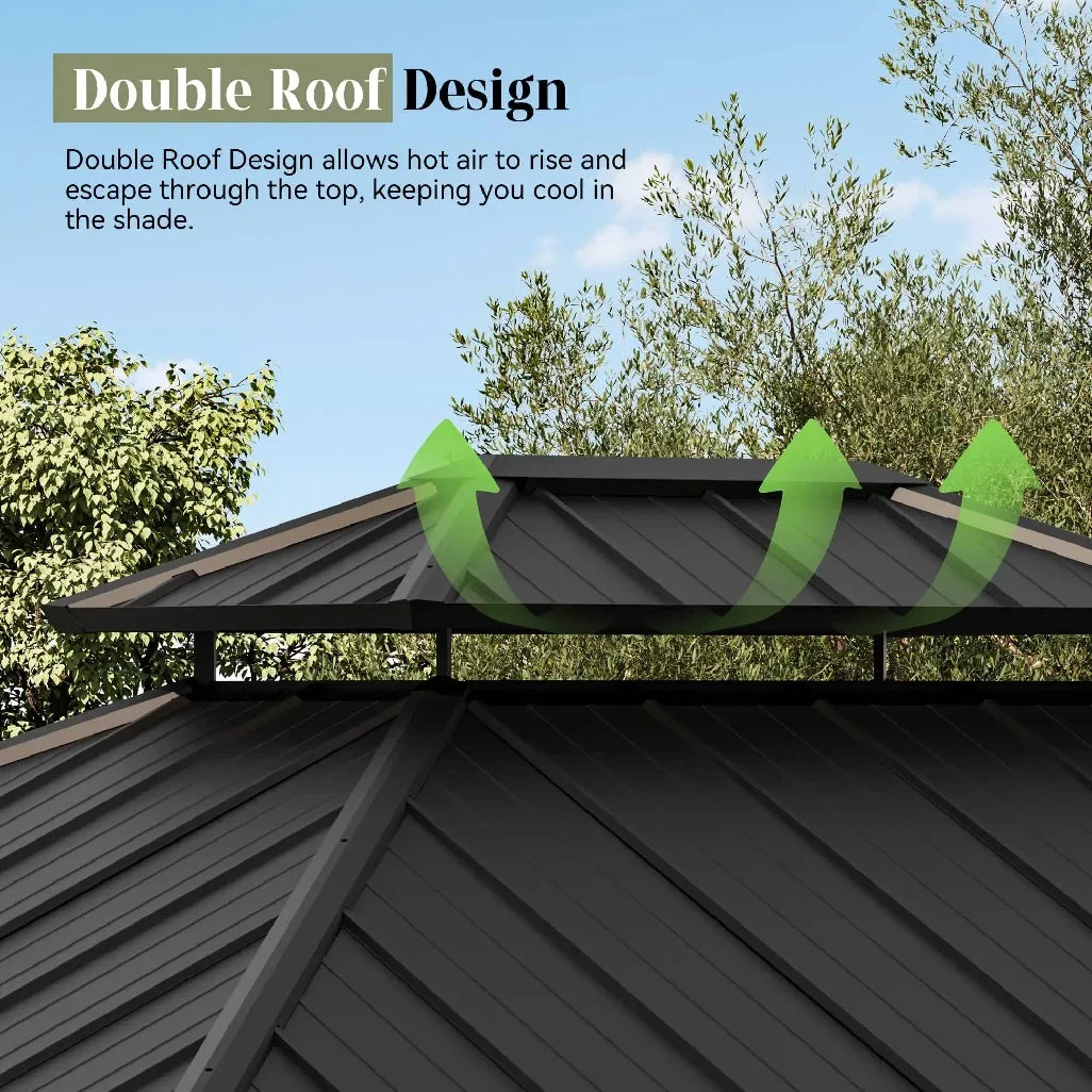 Ventilated double-tier galvanized steel roof showing airflow through the cedar gazebo roof