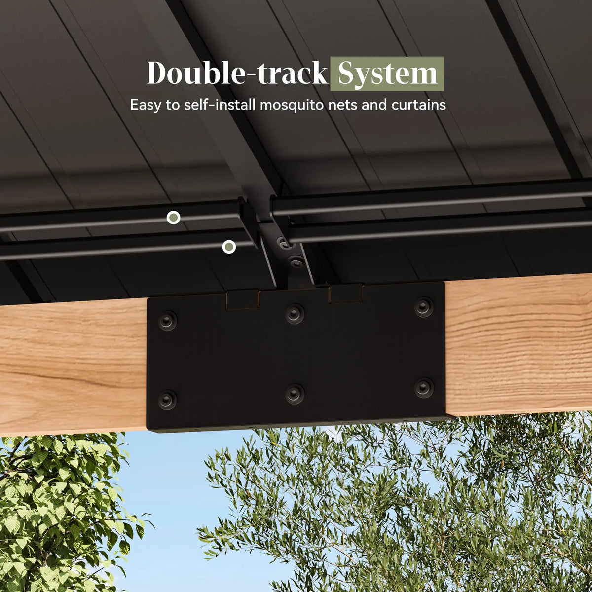 Hidden double-track rail for curtains and mosquito nets under a cedar gazebo beam