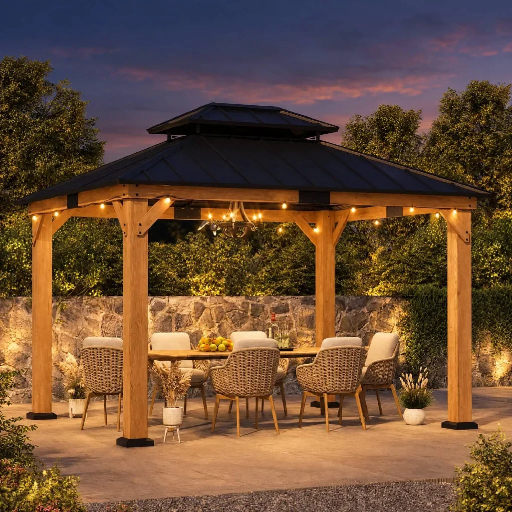 10x12 cedar hardtop gazebo set with a dining table and chairs under warm evening lighting