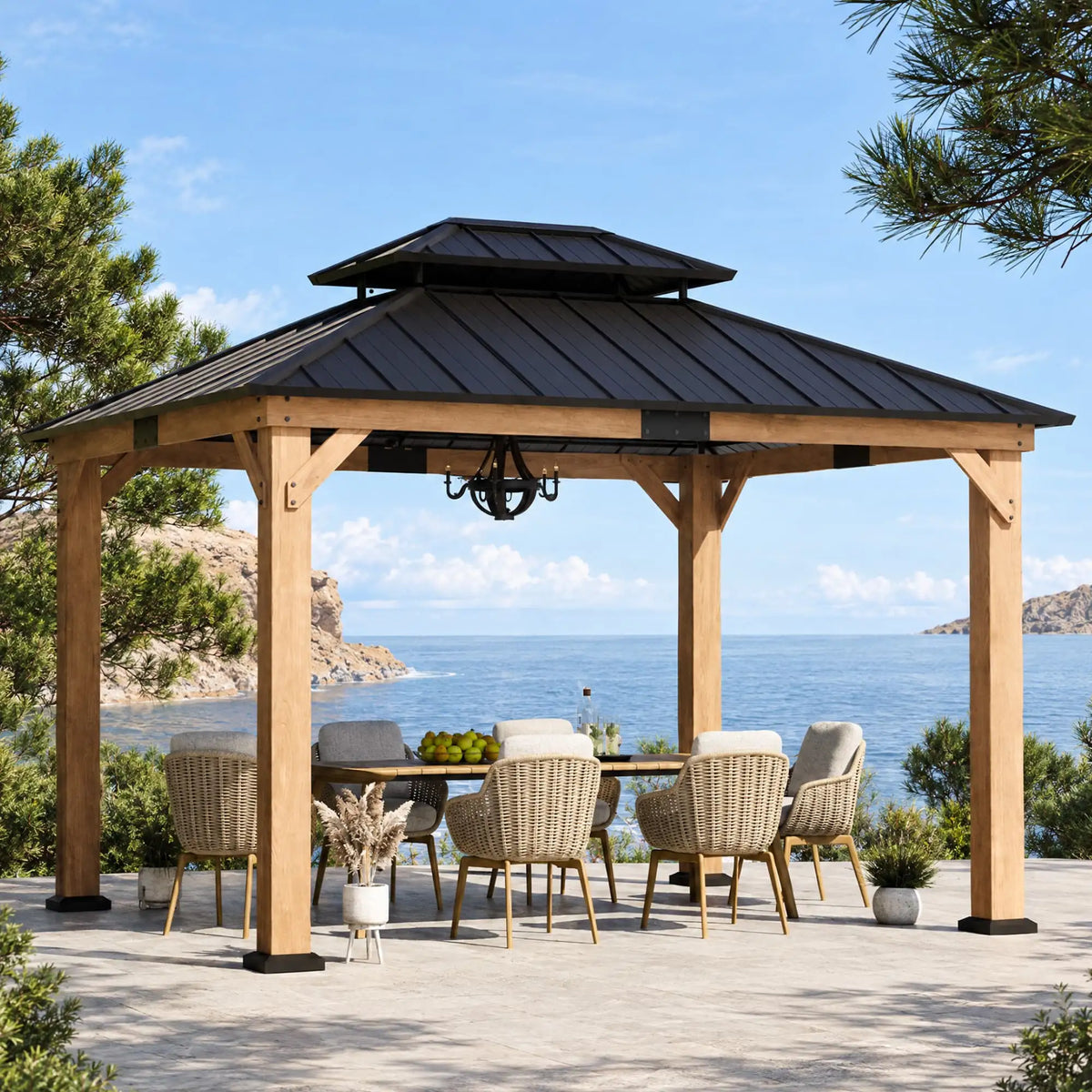 Cedar hardtop gazebo with privacy curtains drawn on a deck at twilight