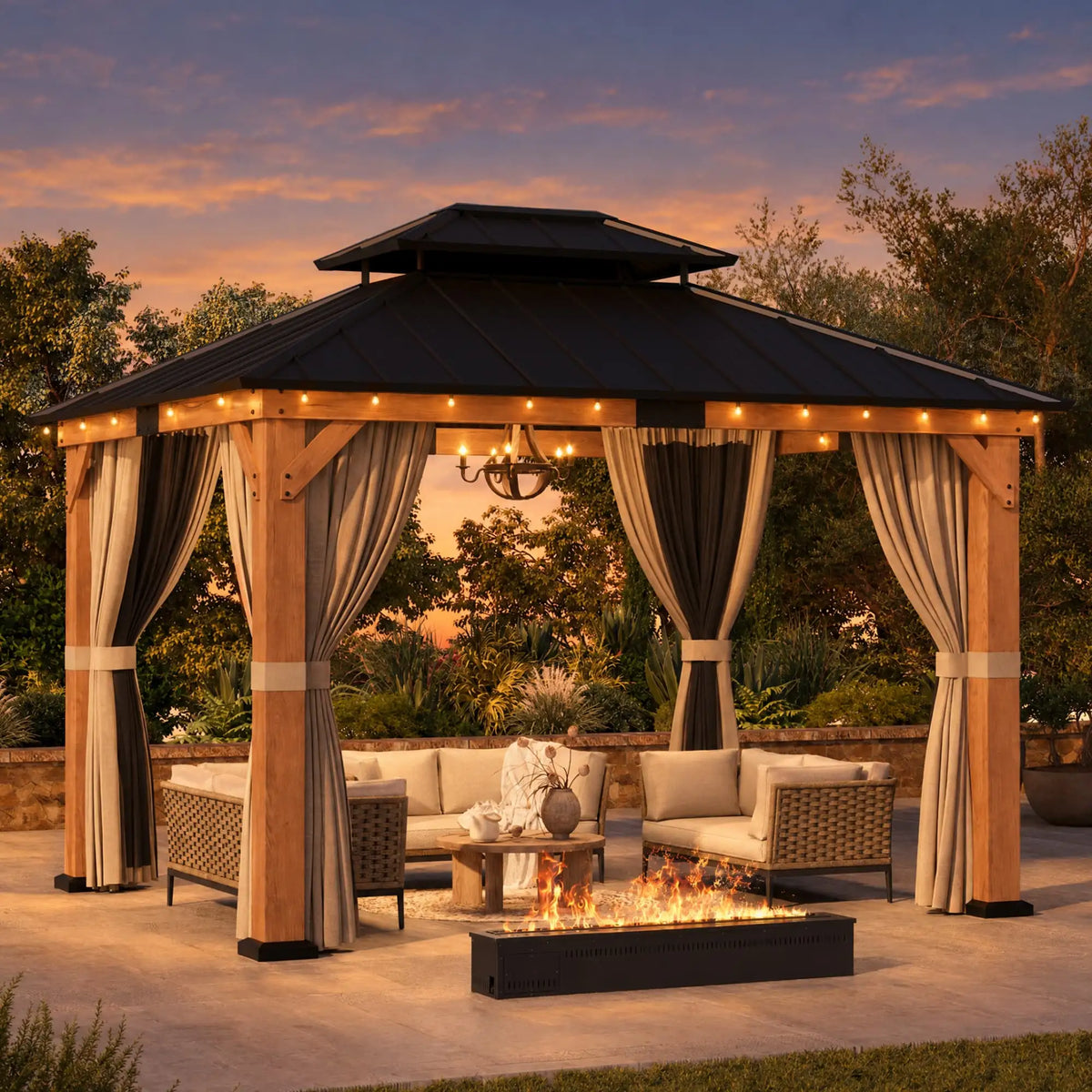 10x12 cedar hardtop gazebo with hanging string lights and lounge seating at night