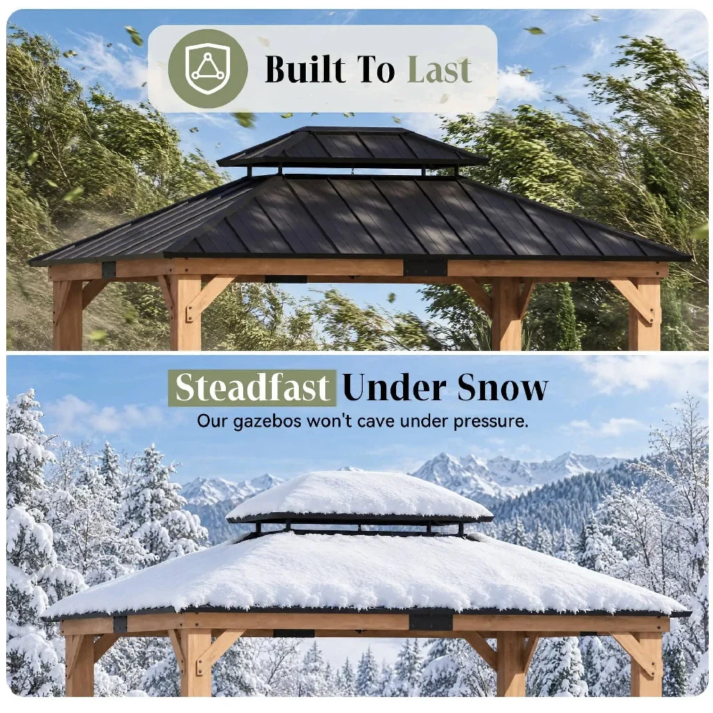 Built to last graphic showing the 83 mph wind rating and snow load capacity of the cedar hardtop gazebo