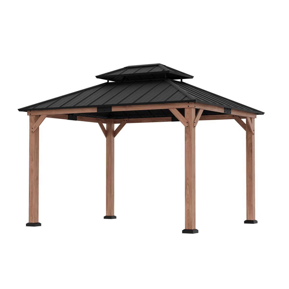 A wooden outdoor gazebo with a double-tiered black metal roof, shown on a plain white background.
