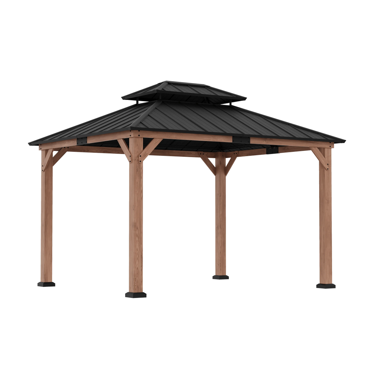10x12 cedar wood hardtop gazebo with black galvanized steel double-tier roof, front view