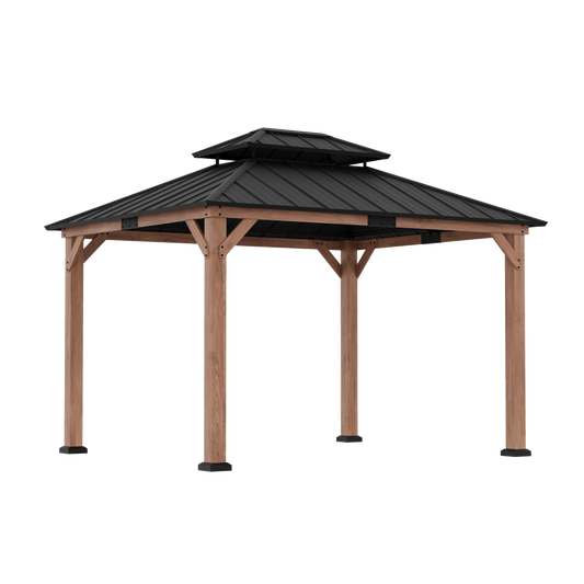 10x12 cedar wood hardtop gazebo with black galvanized steel double-tier roof, front view