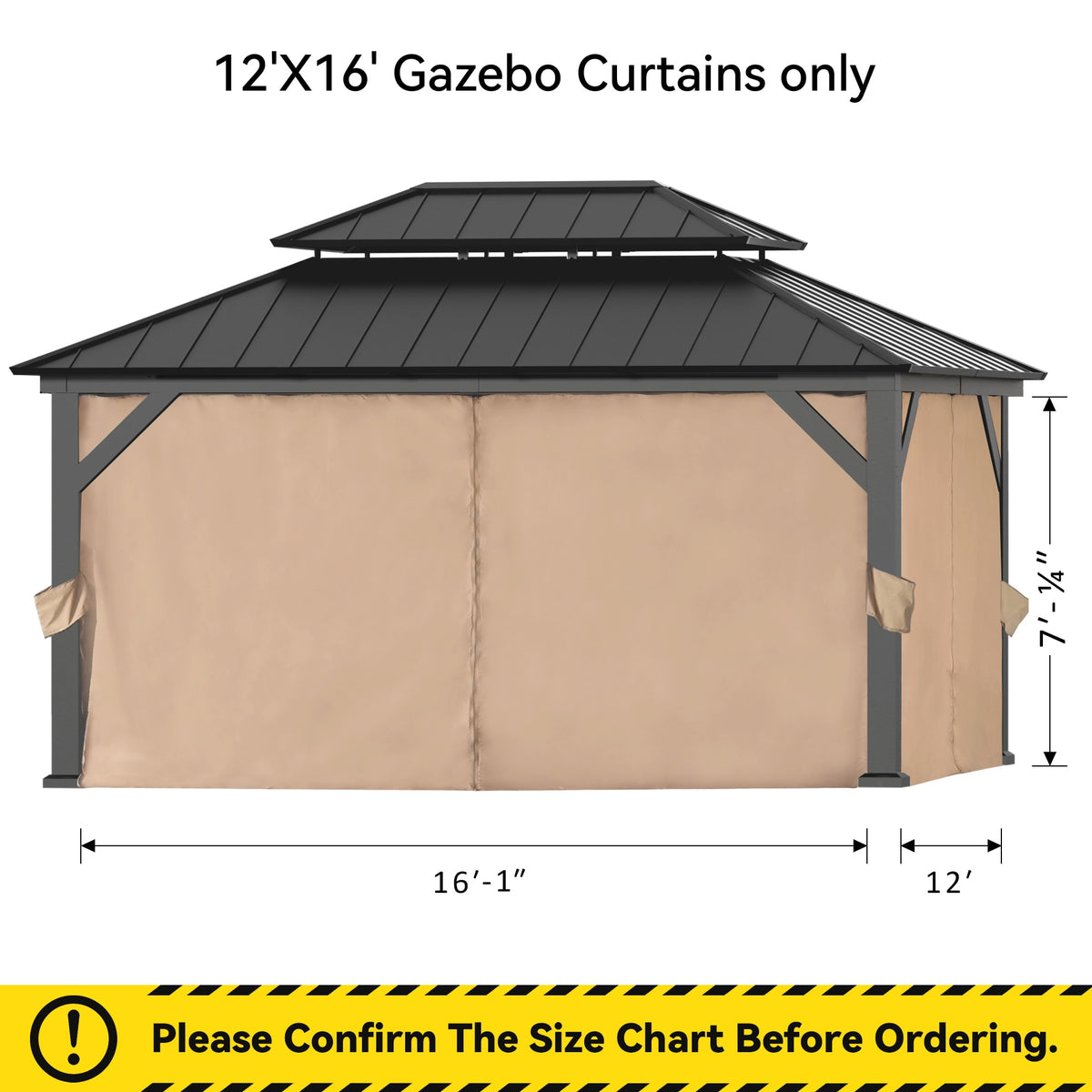 A 12'x16' gazebo with beige curtains on a white background, showing dimension measurements for the product. Text at the top reads '12'X16' Gazebo Curtains only' and a yellow warning banner at the bottom says 'Please Confirm The Size Chart Before Ordering.