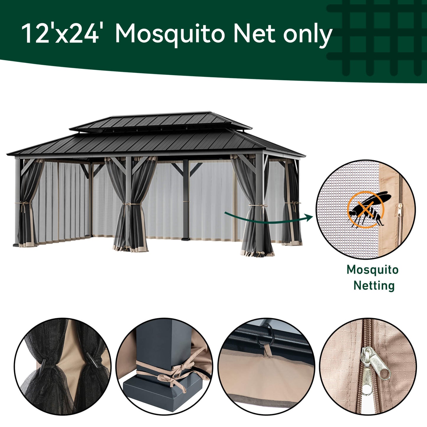12'x24' Mosquito Netting for Gazebo with Two-way Zipper