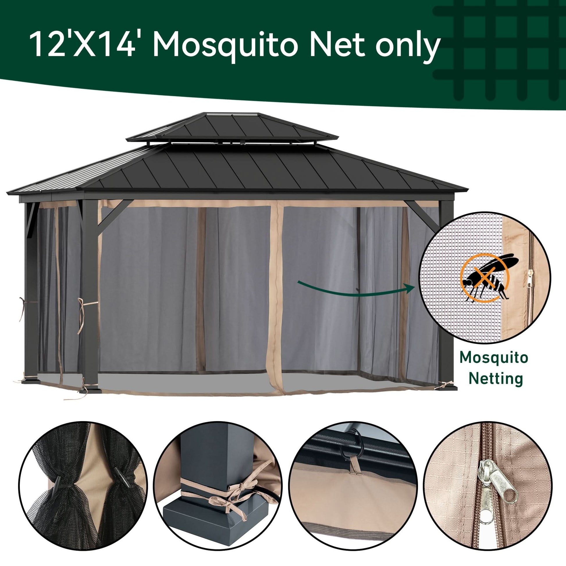 12'x14' Mosquito Netting for Gazebo with Two-way Zipper