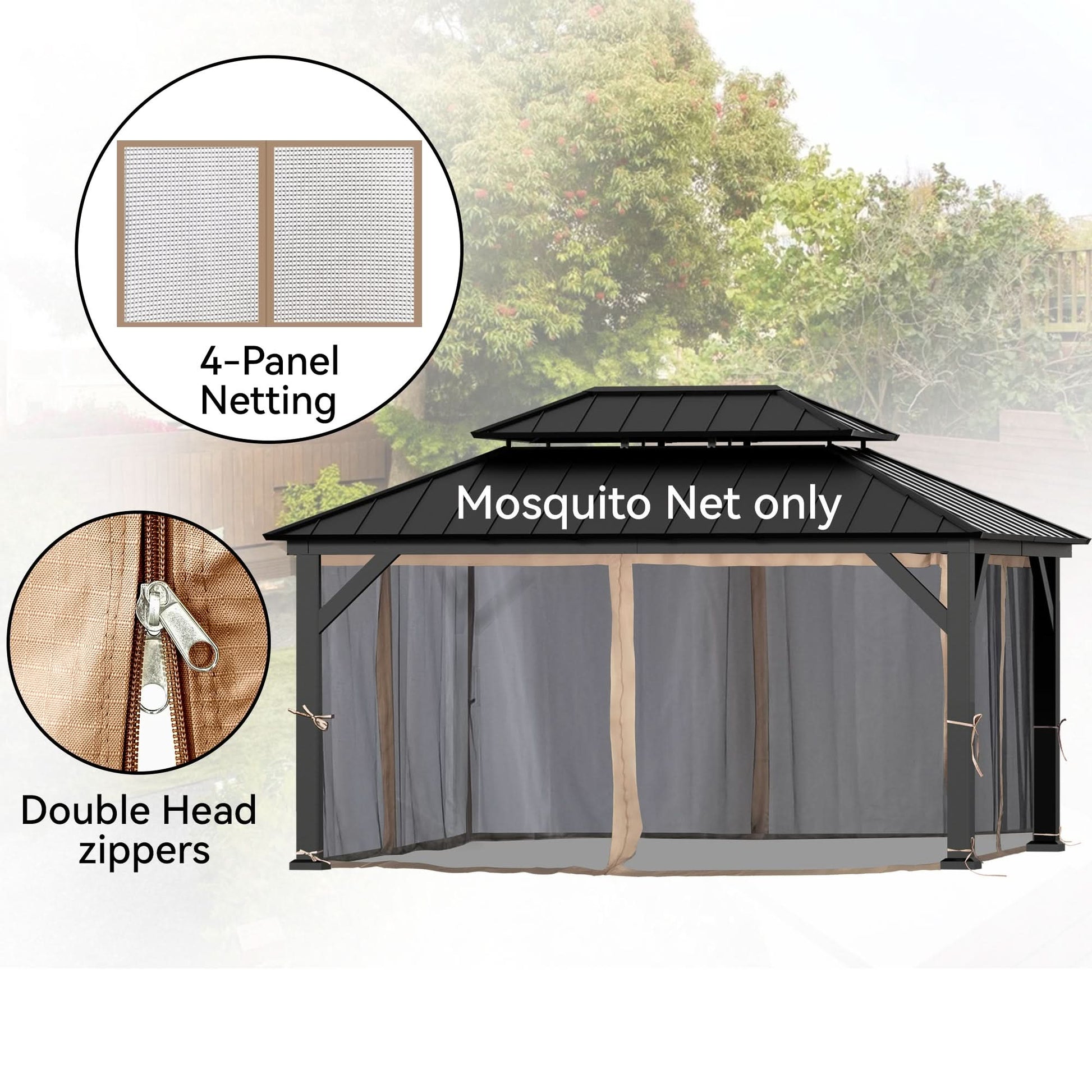 12'x16' Mosquito Netting for Gazebo with Two-way Zipper