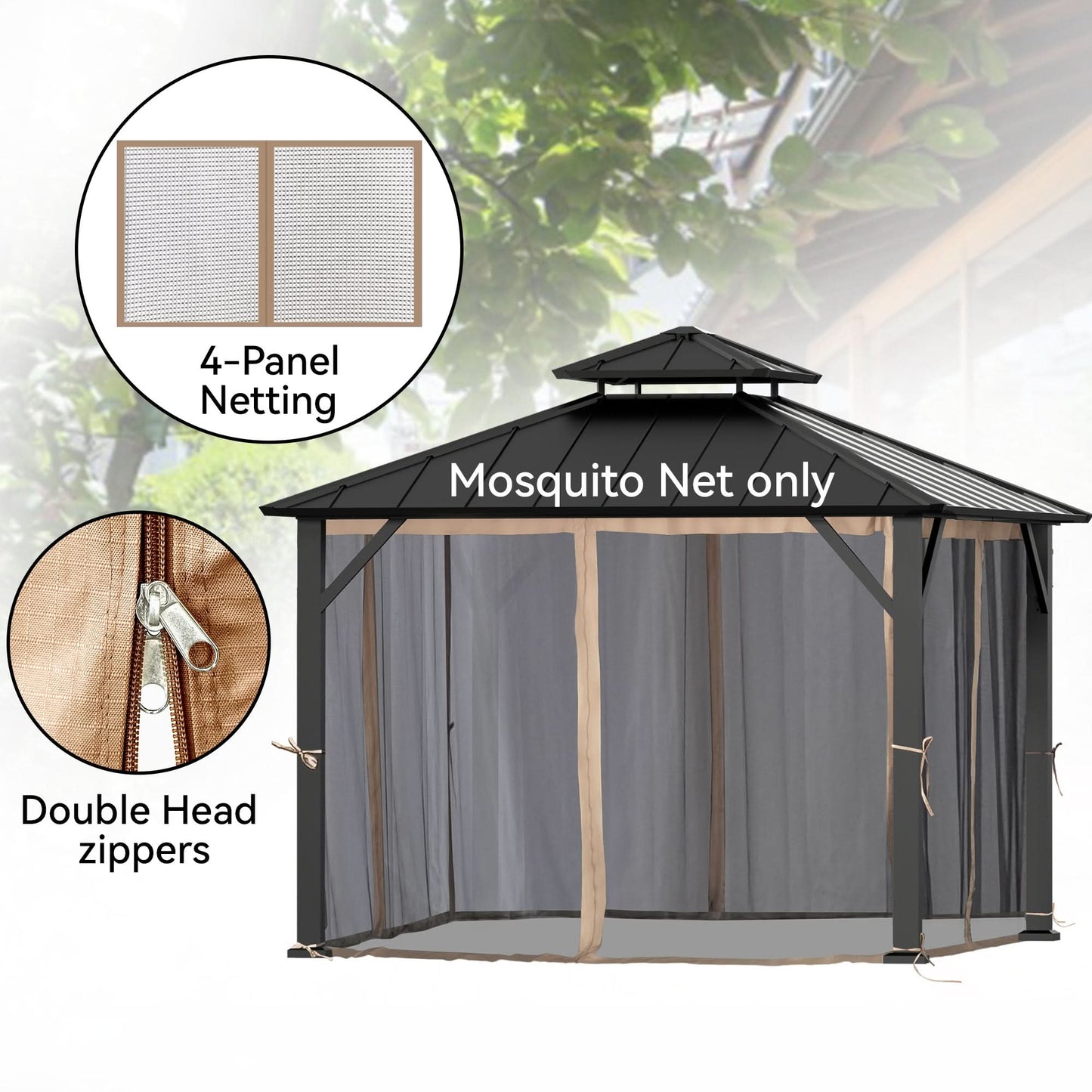 10'x10' Mosquito Netting for Gazebo with Two-way Zipper