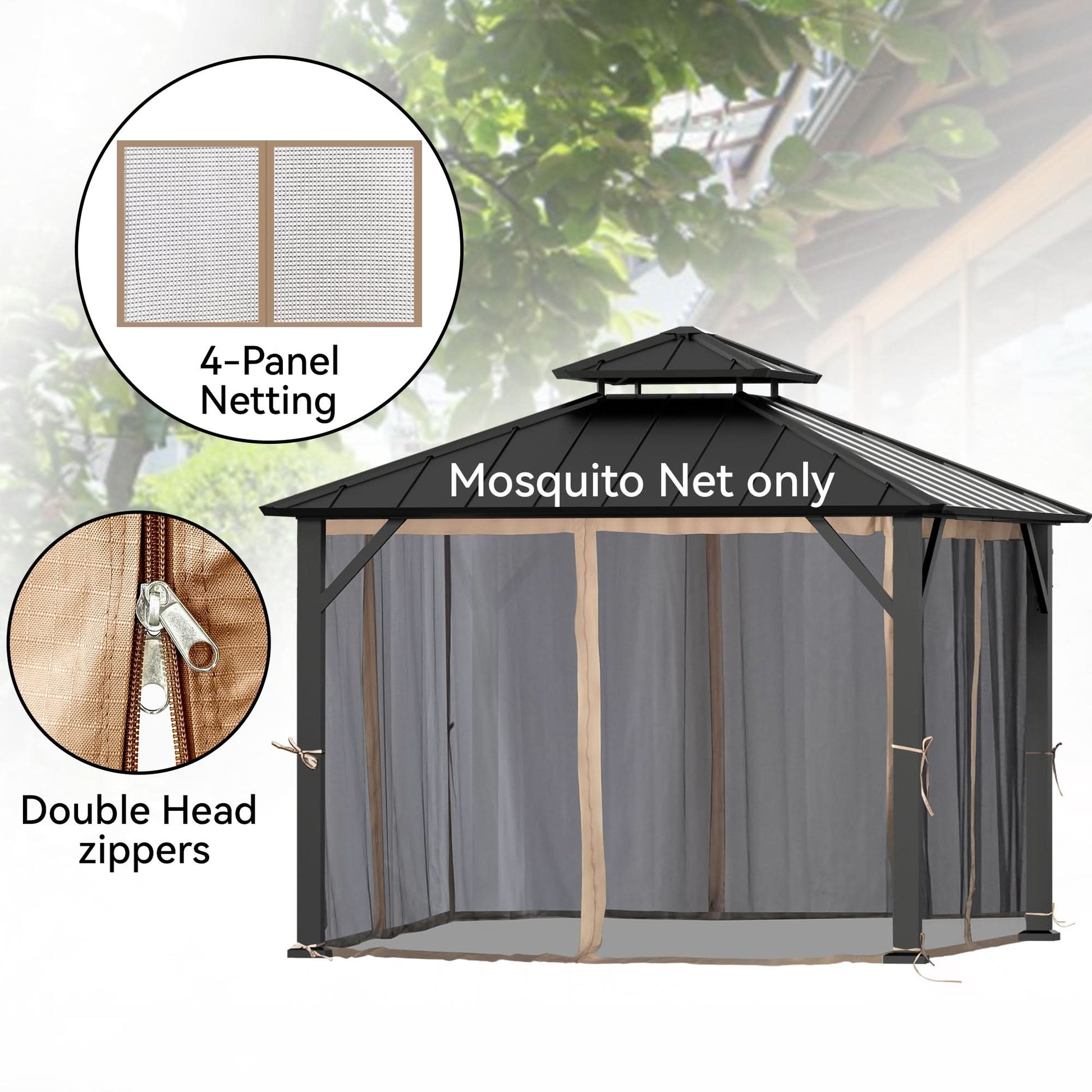 10'x10' Mosquito Netting for Gazebo with Two-way Zipper