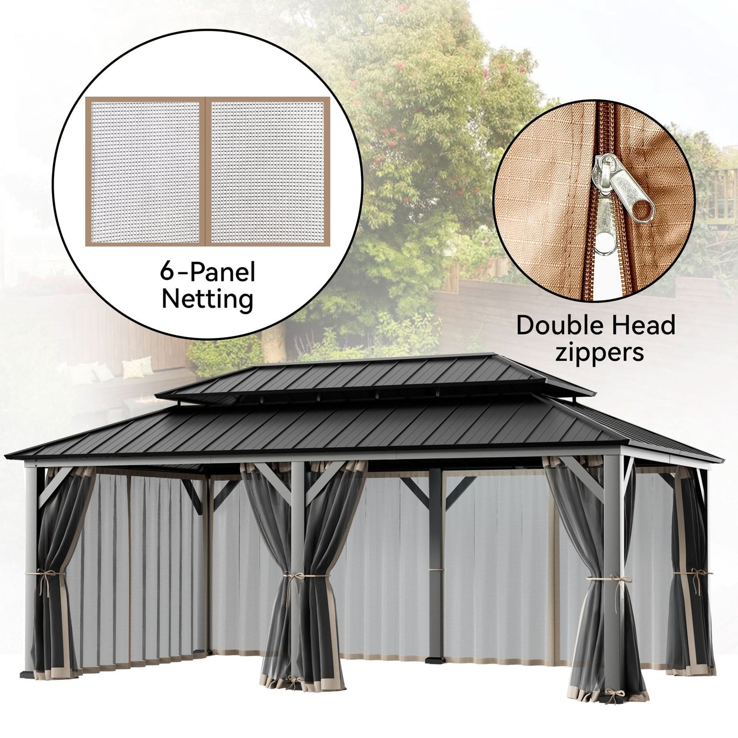 12'x20' Mosquito Netting for Gazebo with Two-way Zipper