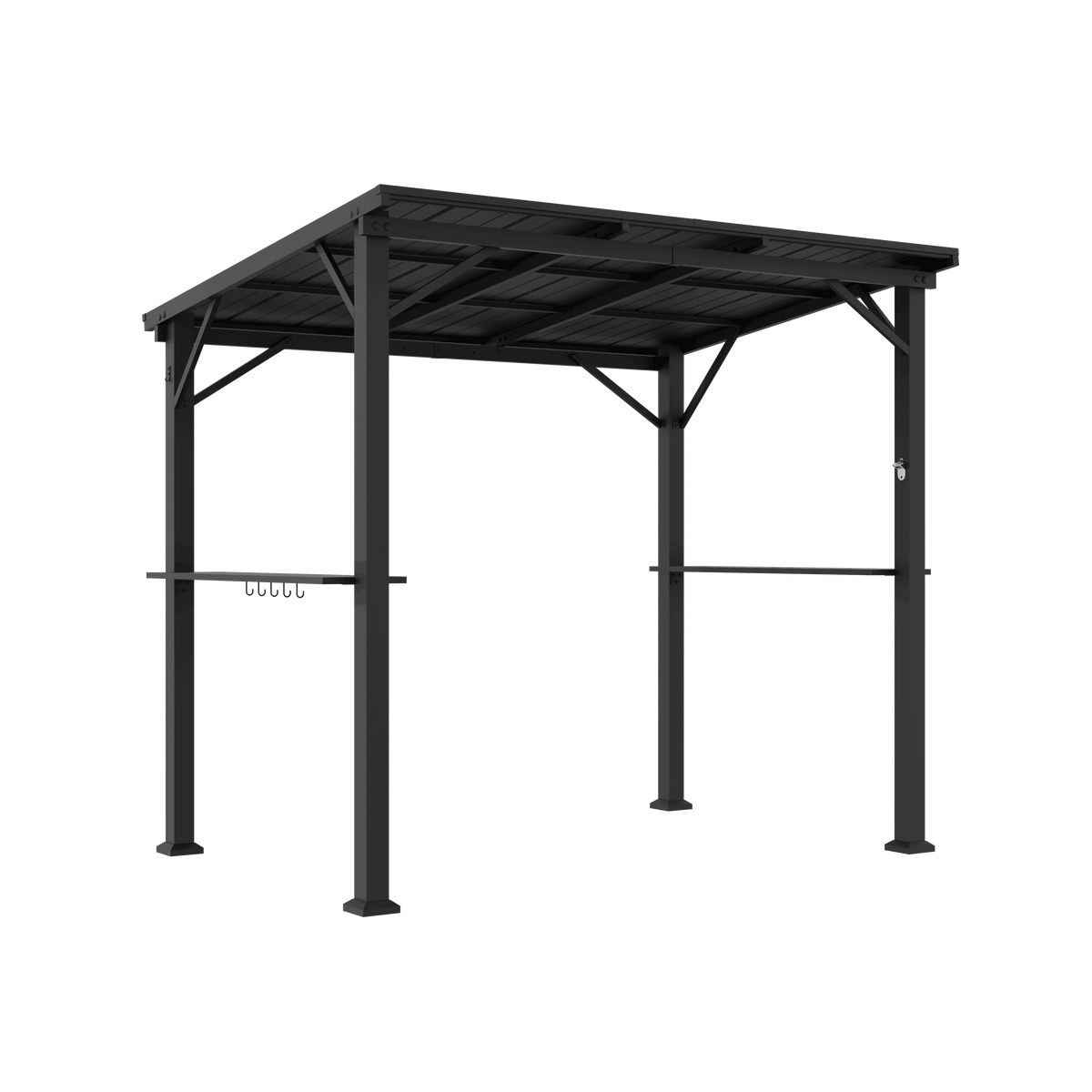 A black metal outdoor patio cover or pergola with a slatted roof, four support posts, and a horizontal hanging bar, shown on a plain white background.