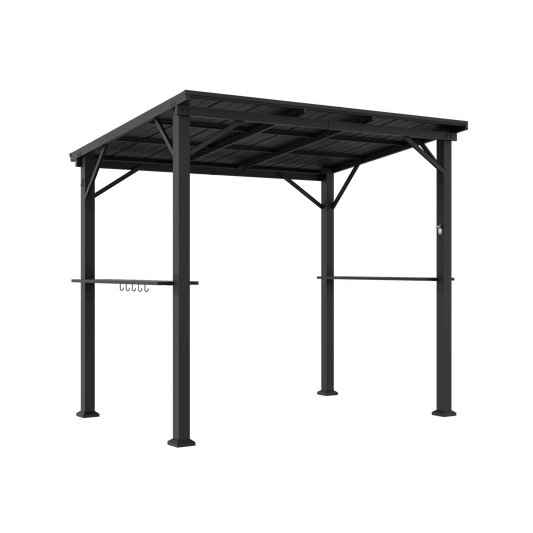 A black metal outdoor patio cover or pergola with a slatted roof, four support posts, and a horizontal hanging bar, shown on a plain white background.
