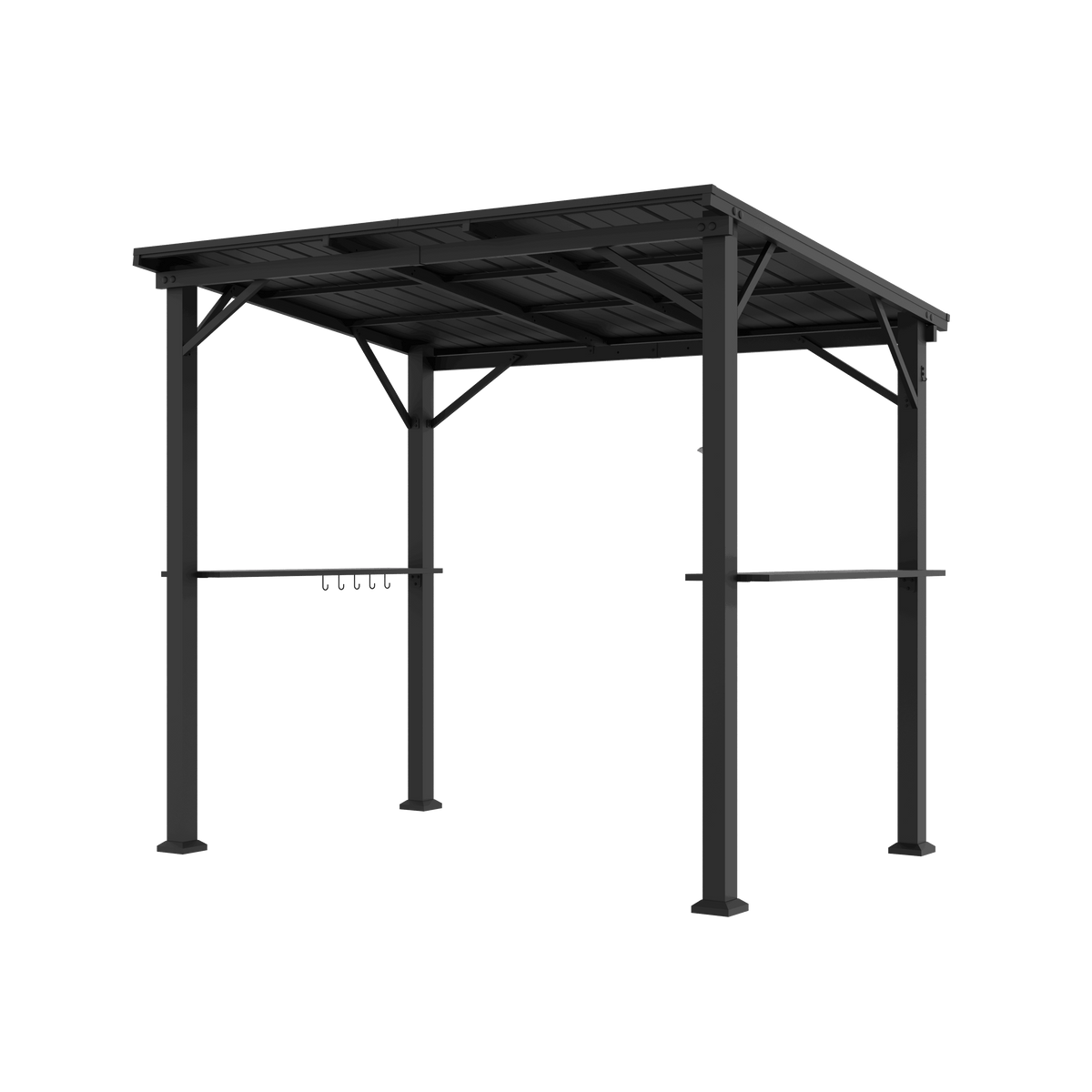A black metal patio canopy with a slatted roof, four support posts, and a horizontal hanging rack on the left post, shown against a plain white background.