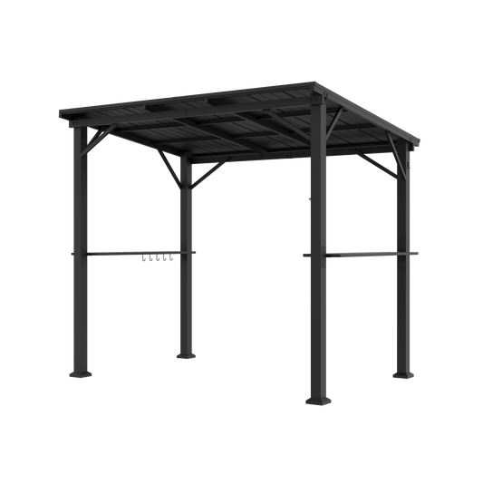 A black metal patio canopy with a slatted roof, four support posts, and a horizontal hanging rack on the left post, shown against a plain white background.