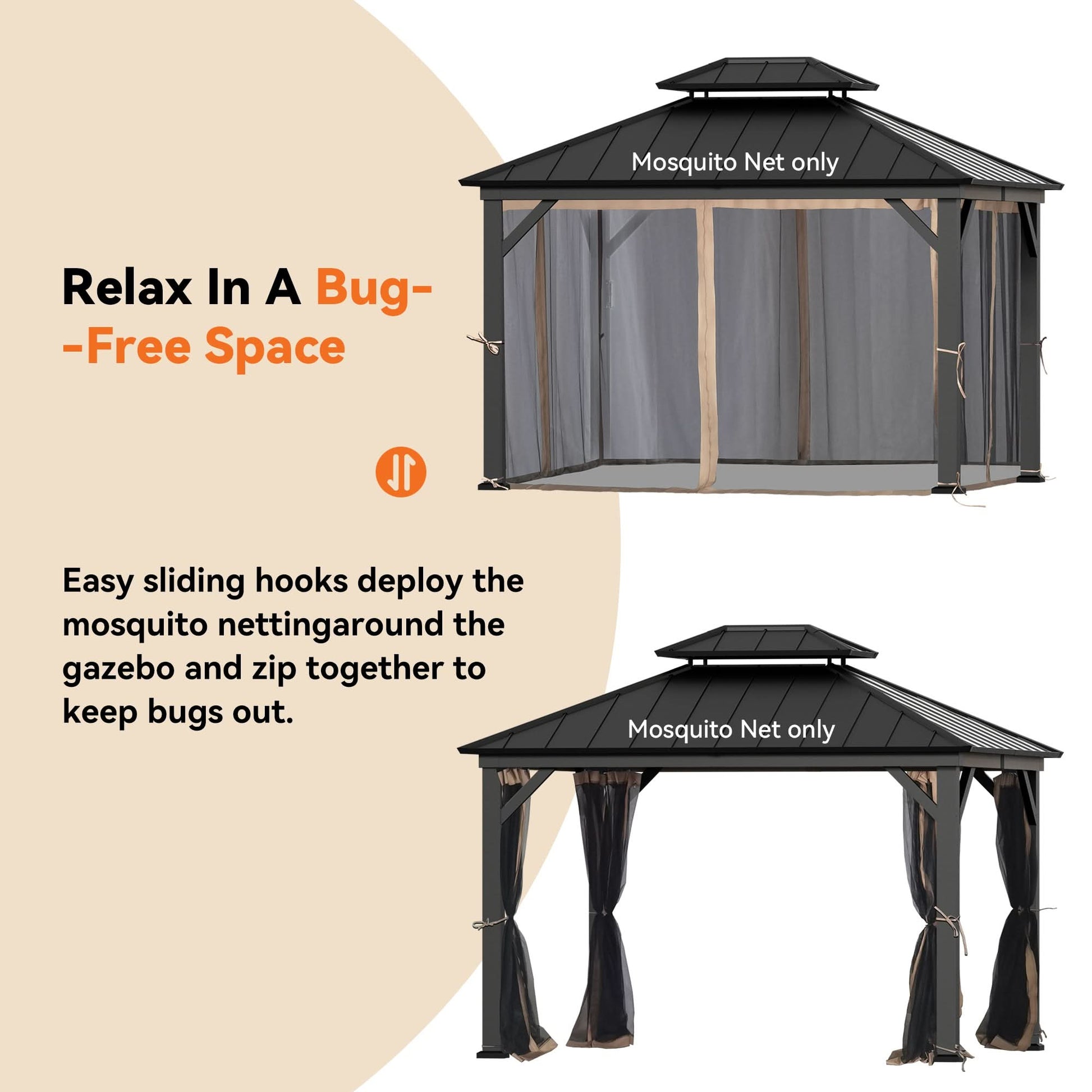 10'x12' Mosquito Netting for Gazebo with Two-way Zipper