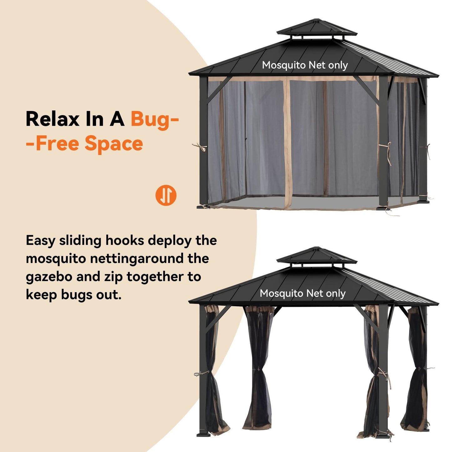 10'x10' Mosquito Netting for Gazebo with Two-way Zipper