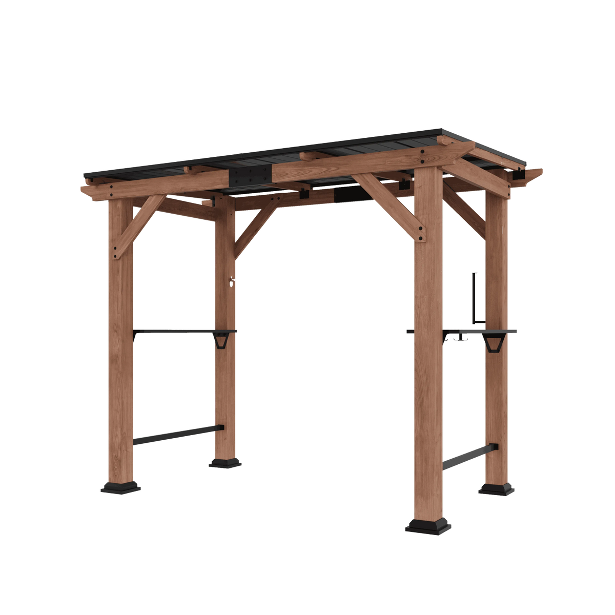 A wooden pergola structure with a black roof and black metal hardware, shown on a plain white background.