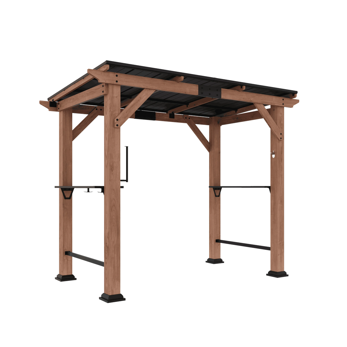 A wooden outdoor patio pergola with a black roof and black metal crossbars, shown on a plain white background.