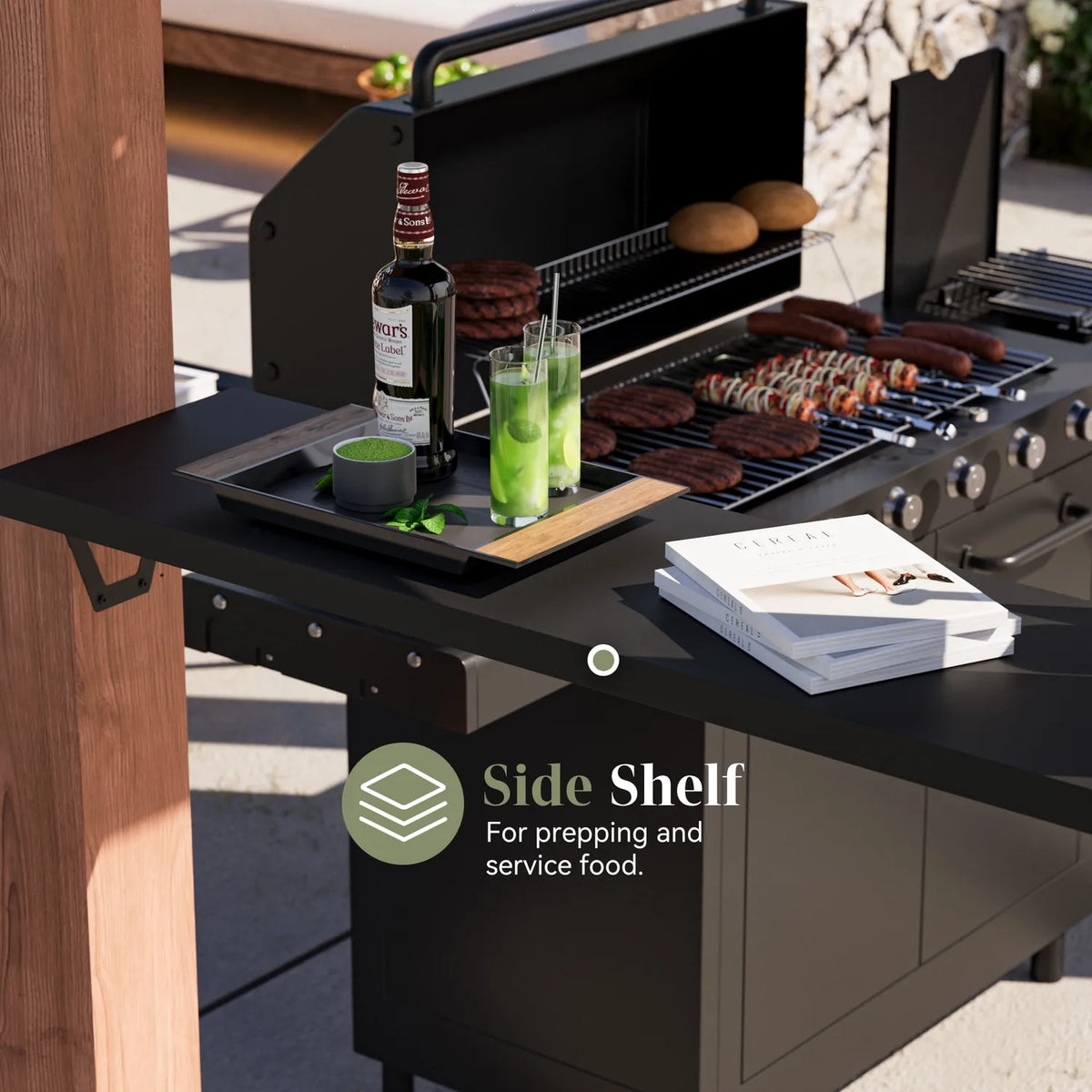 Black metal side shelf mounted on a gazebo post holding bottles, bowls, and a cutting board beside a grill

