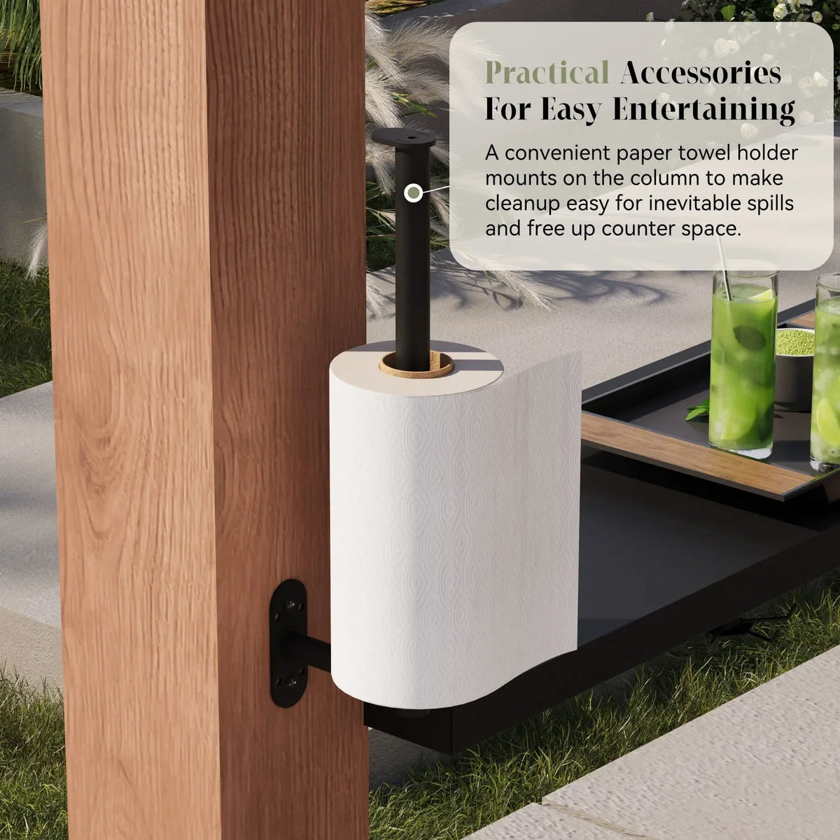 Paper towel holder mounted on a wooden gazebo column for easy cleanup while grilling
