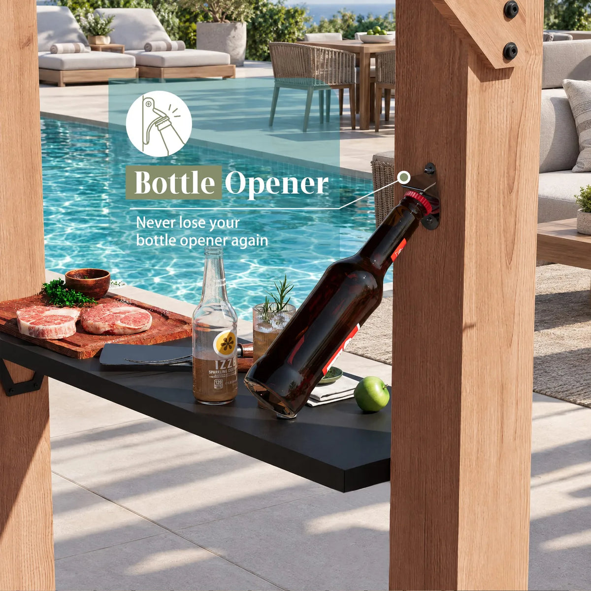 Built-in bottle opener screwed to a wooden gazebo post next to a side shelf
