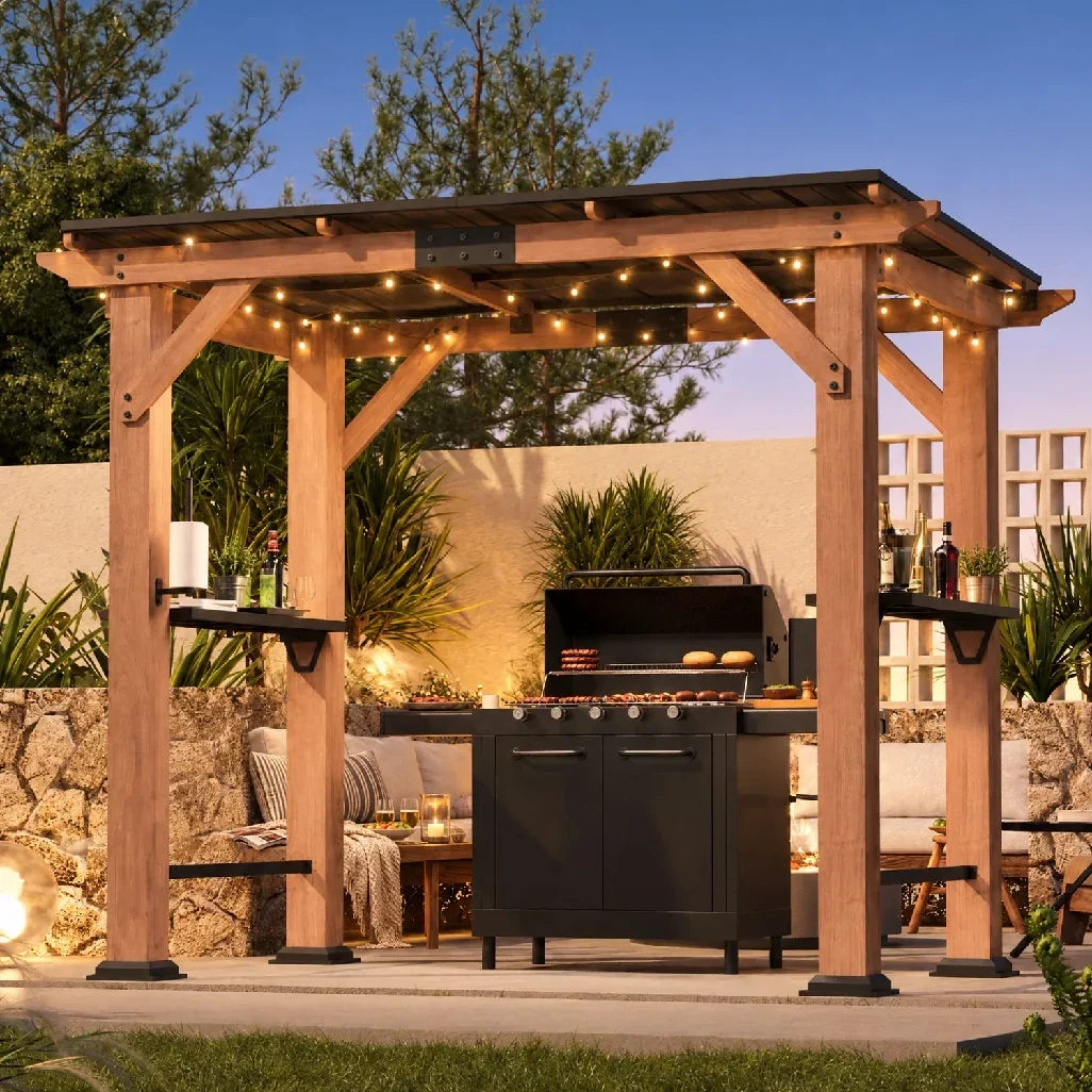 Wooden gazebo lit with string lights at dusk for evening backyard entertaining
