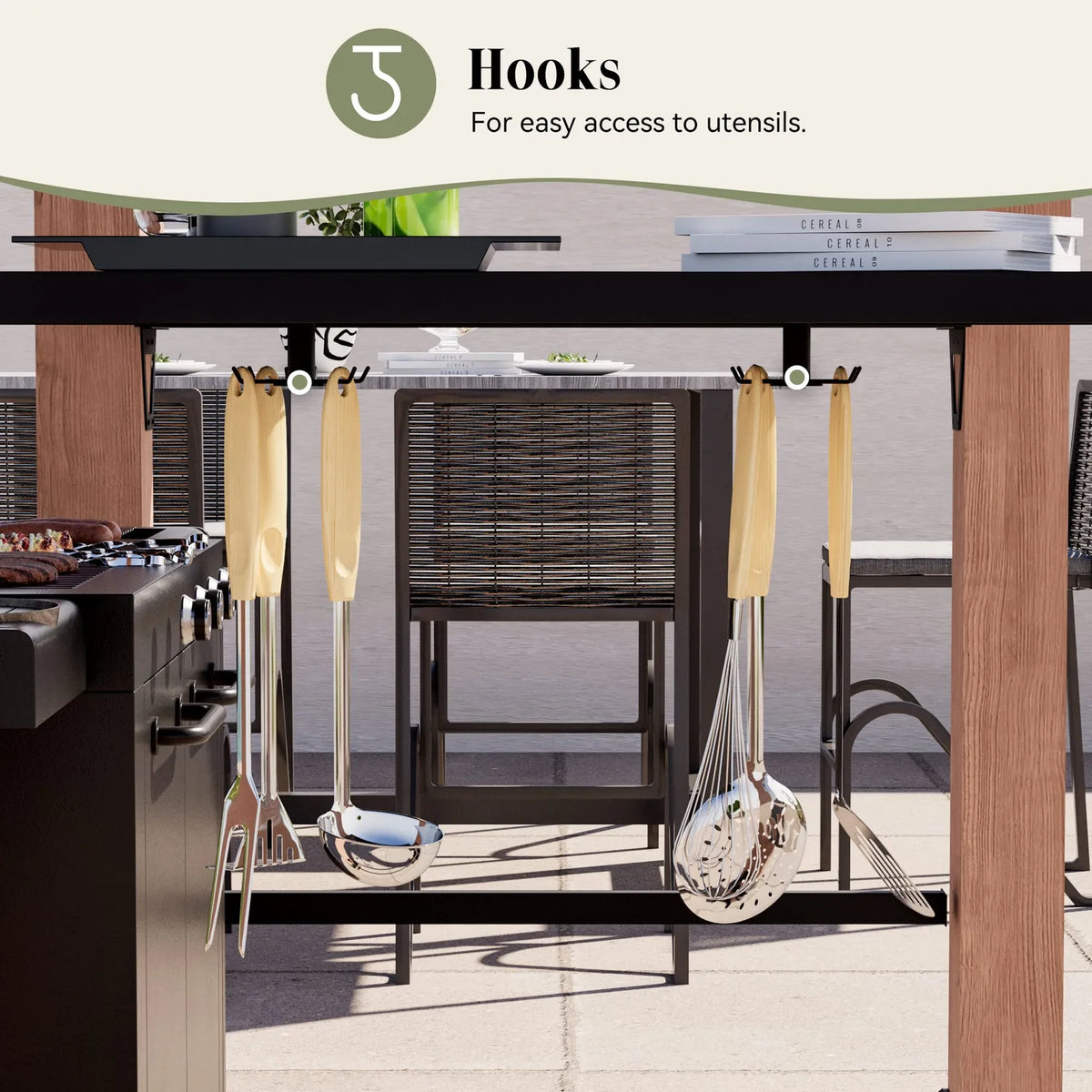 Five black utensil hooks mounted under a gazebo side shelf for easy access to grilling tools
